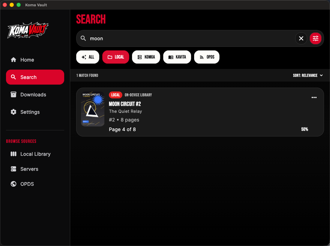 Koma Vault Search filtered to a generated local demo comic