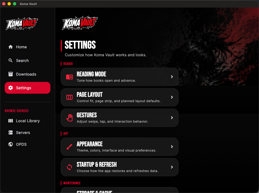 Koma Vault Settings screen